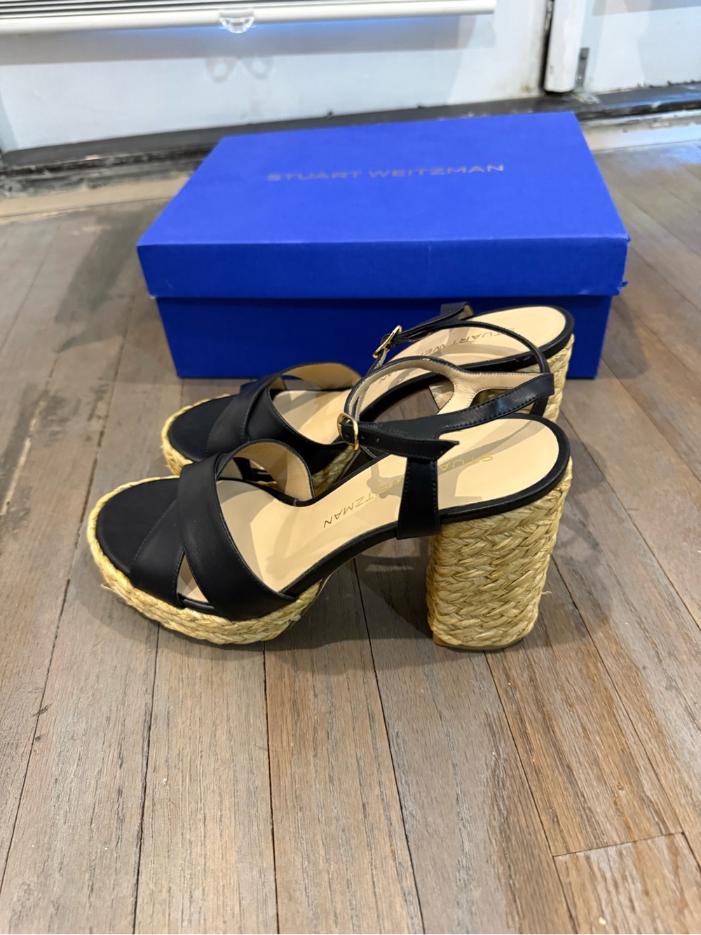 Stuart Weitzman Black Leather Braided Jute Platform Sandals